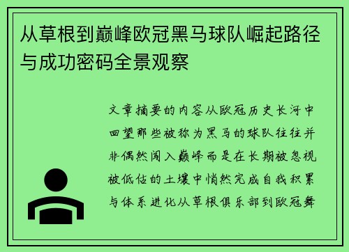 从草根到巅峰欧冠黑马球队崛起路径与成功密码全景观察